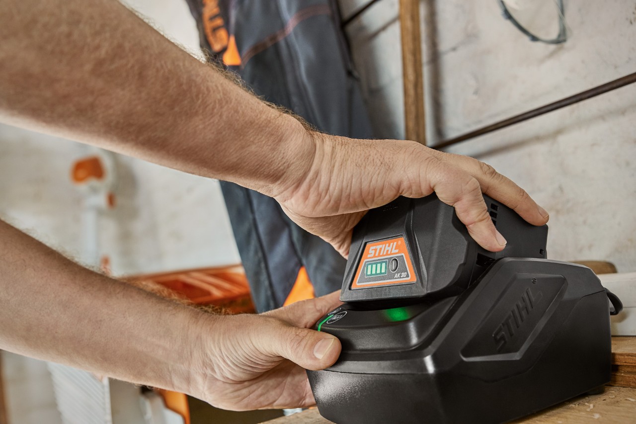 Person nimmt STIHL Akku AK 30 aus dem Ladegerät