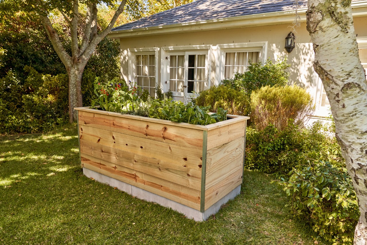 Bepflanztes Hochbeet aus Holzbrettern zum Selberbauen steht im Garten vor einem Haus