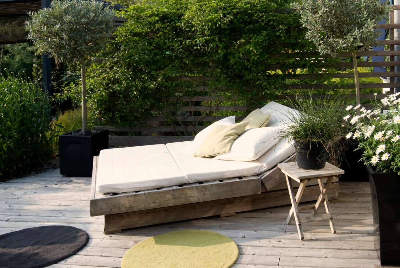 Eine hölzerne Terrasse mit einer gepolsterten Liege und verschiedenen Pflanzen, darunter zwei Olivenbäume und eine Strauchmargerite