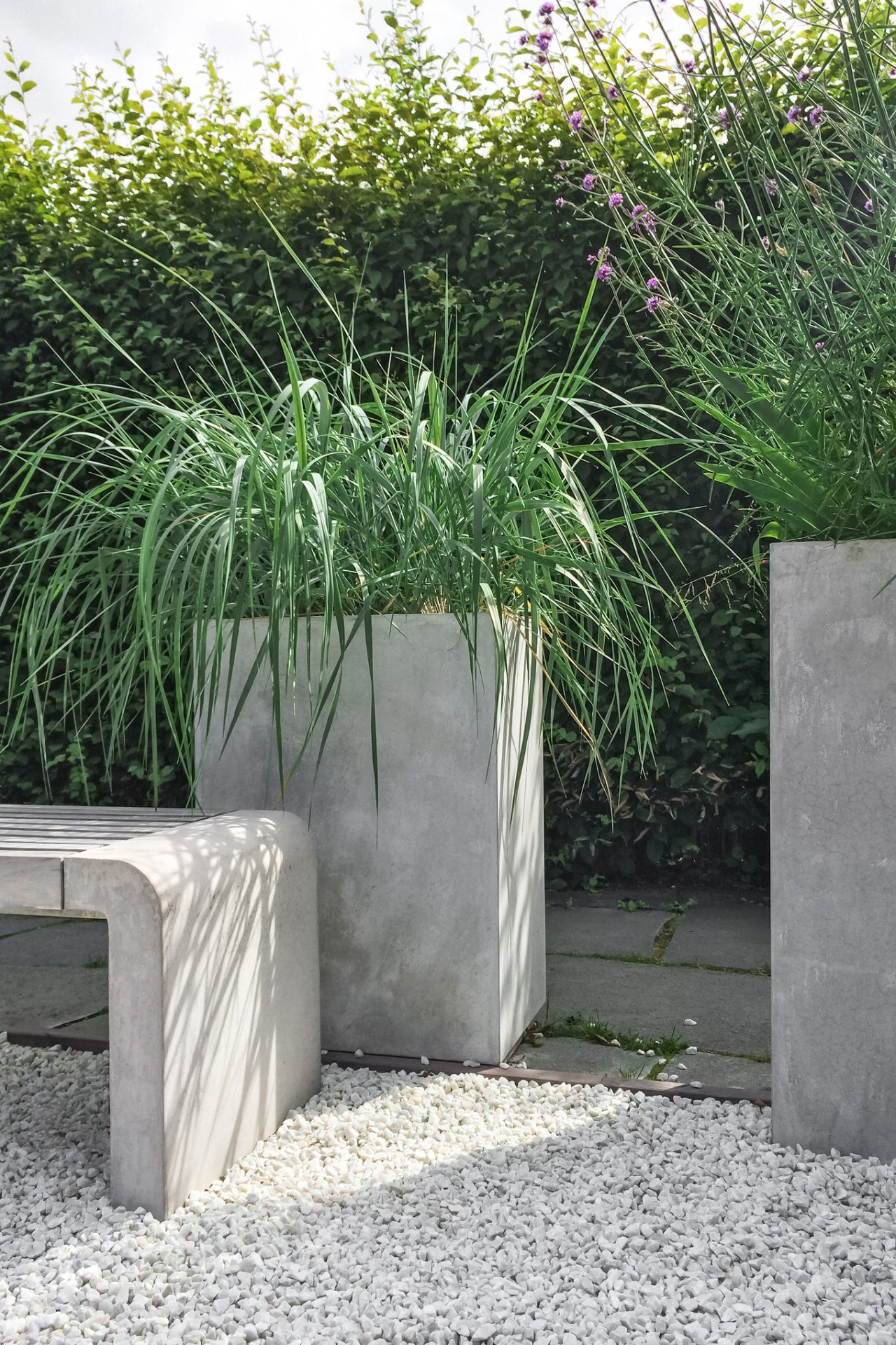 Zwei eckige Kübel mit Ziergräsern zwischen einer Bank und einer Hecke