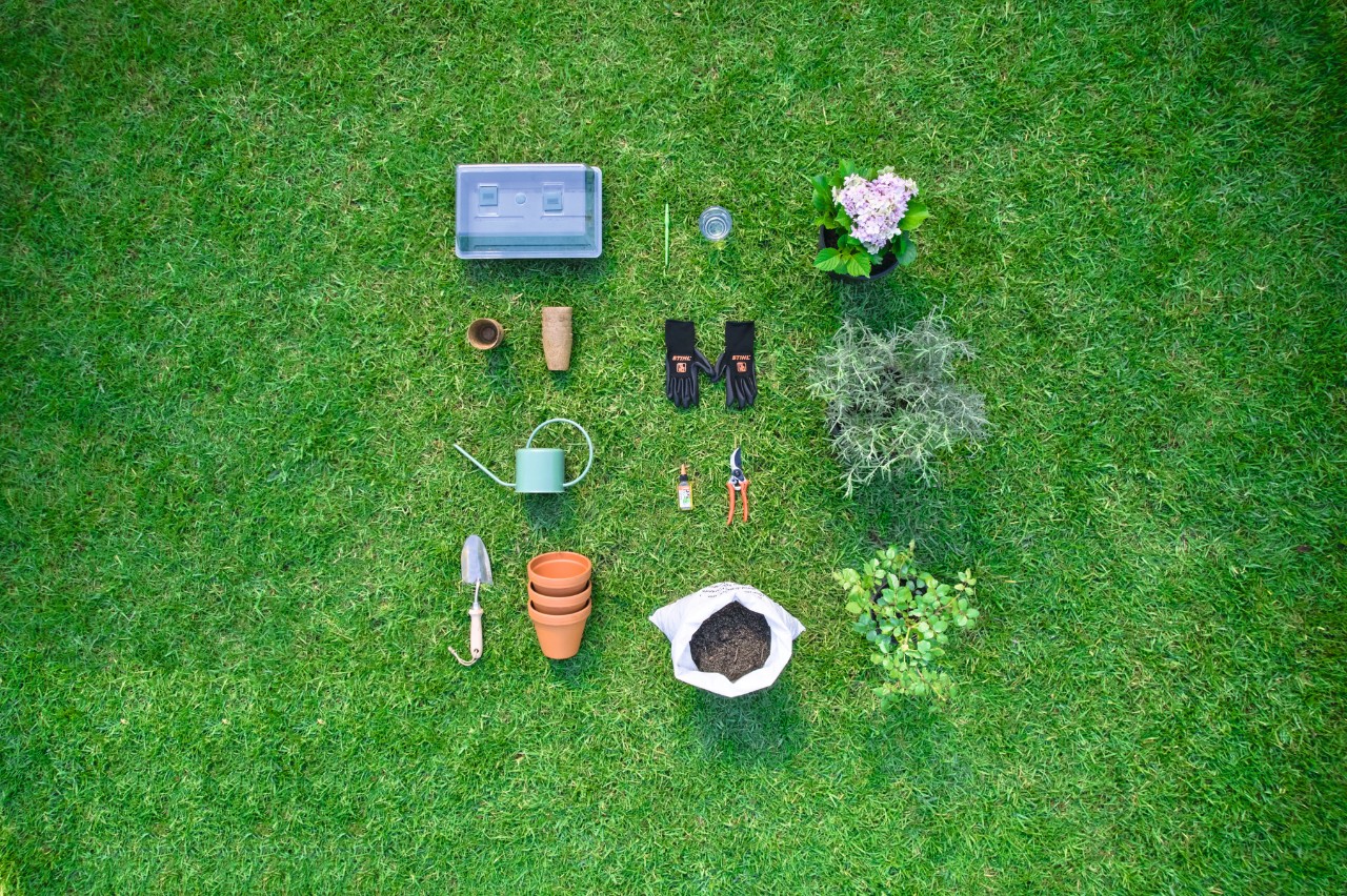Auf einer Wiese sortierte Werkzeuge und Materialien, um Stecklinge zu schneiden und einzutopfen, darunter eine Gartenschere, Handschuhe, Erde, eine Schaufel, Töpfe und eine Gießkanne