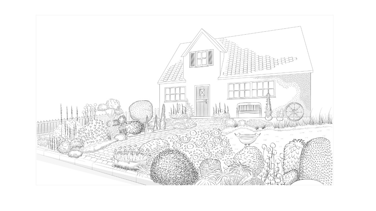 Illustration eines attraktiv gestalteten Vorgartens im Landhausstil