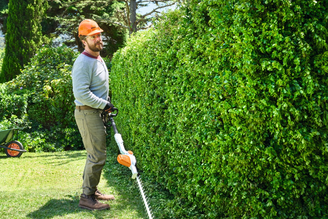 Ein Mann läuft mit dem Akku-Heckenschneider STIHL HLA 56 langsam an einer Hecke entlang