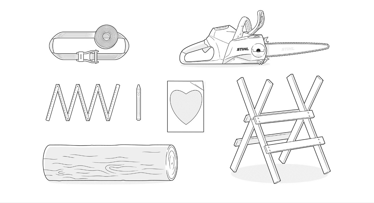 Illustration: Rundholz, STIHL Motorsäge, Zollstock, Spanngurt, Herz-Schablone, Sägeblock, Stift