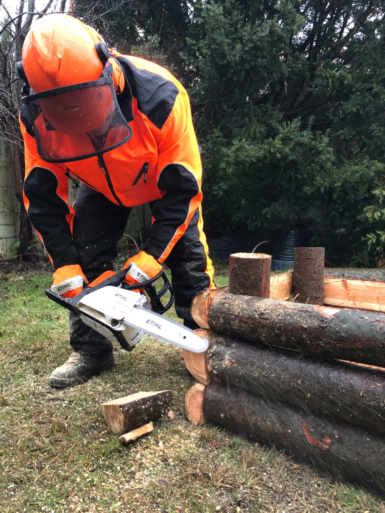 Überstehende Holzstücke werden mit einer STIHL Benzin-Kettensäge MS 170 entfernt 