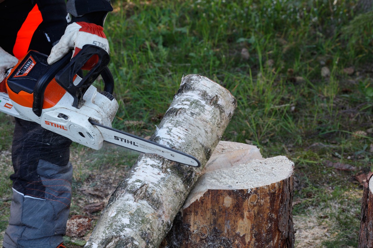 Mit STIHL Akku-Motorsäge MSA 140 C wird Schnitt an Holzstück ausgeführt, um Höhe der Flamme von Kerzen aus Holz festzulegen