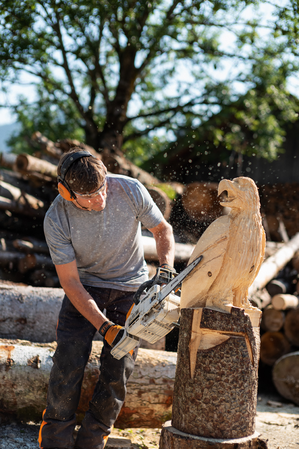 Mann schnitzt mit einer STIHL Kettensäge einen Vogel aus Holz 
