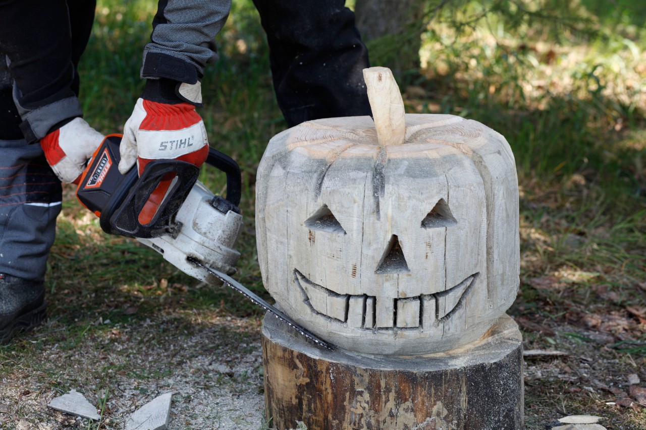 Mit der STIHL Motorsäge MSA 140 C werden die Konturen für einen Kürbis aus Holz fertiggestellt