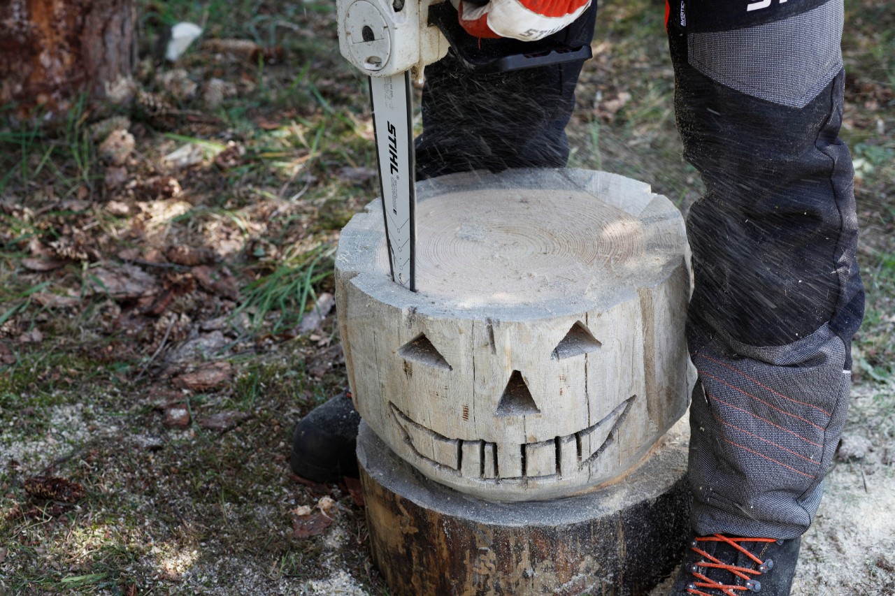Innenbereich für Kürbis aus Holz zum Selbermachen wird mit einer STIHL Motorsäge MSA 140 C herausgelöst