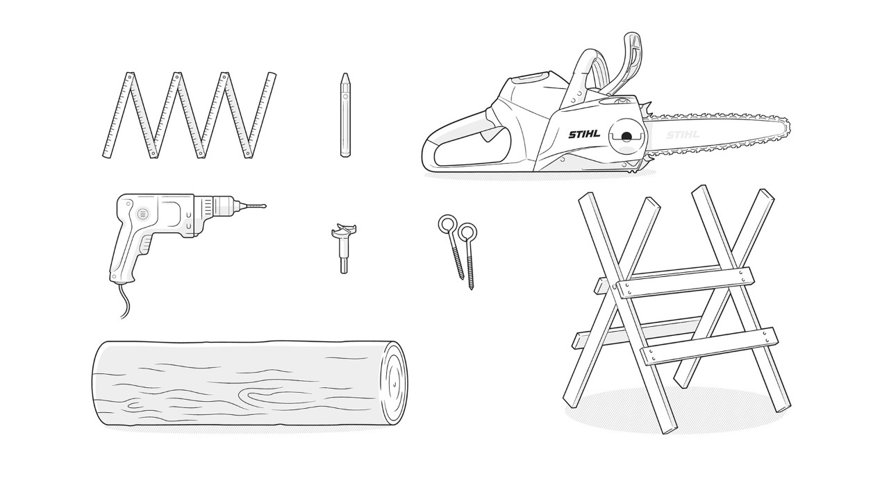 Material-Illustration: Stammstück, STIHL Kettensäge, Zollstock, Sägebock, Bohrmaschine, Ösenschrauben