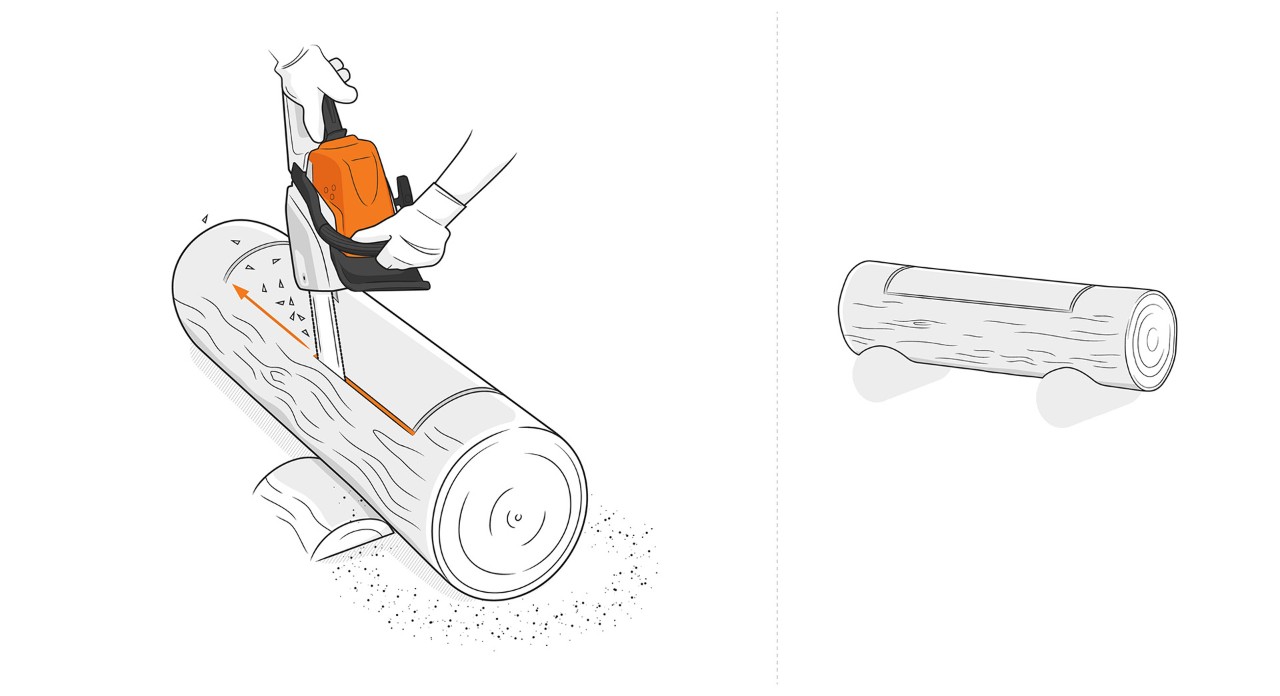  Illustration: In einen Holzstamm wird mit STIHL Kettensäge eine Öffnung eingesägt, um einen Pflanztrog selber zu bauen