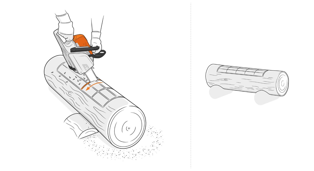 Illustration: Mit einer Kettensäge werden Längsschnitte auf der Oberseite eines Holzstammes eingesägt, um Pflanztrog zu bauen
