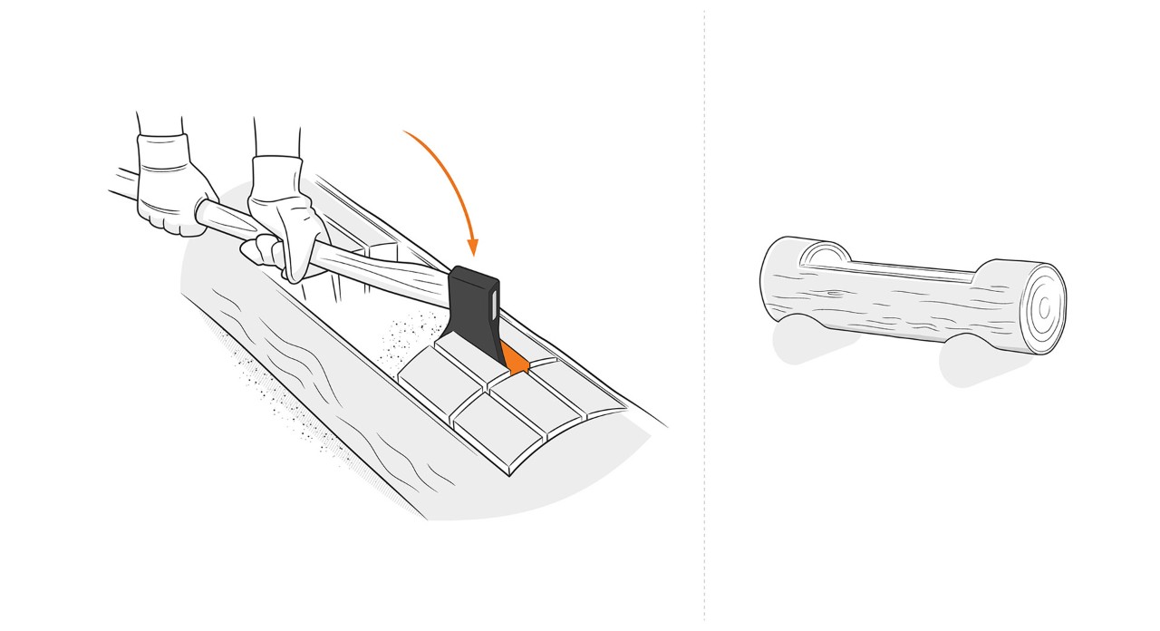Illustration: Mit einem Beil werden die vorbereiteten Klötze aus dem Holzstamm gebrochen, um Pflanztrog selber zu bauen 
