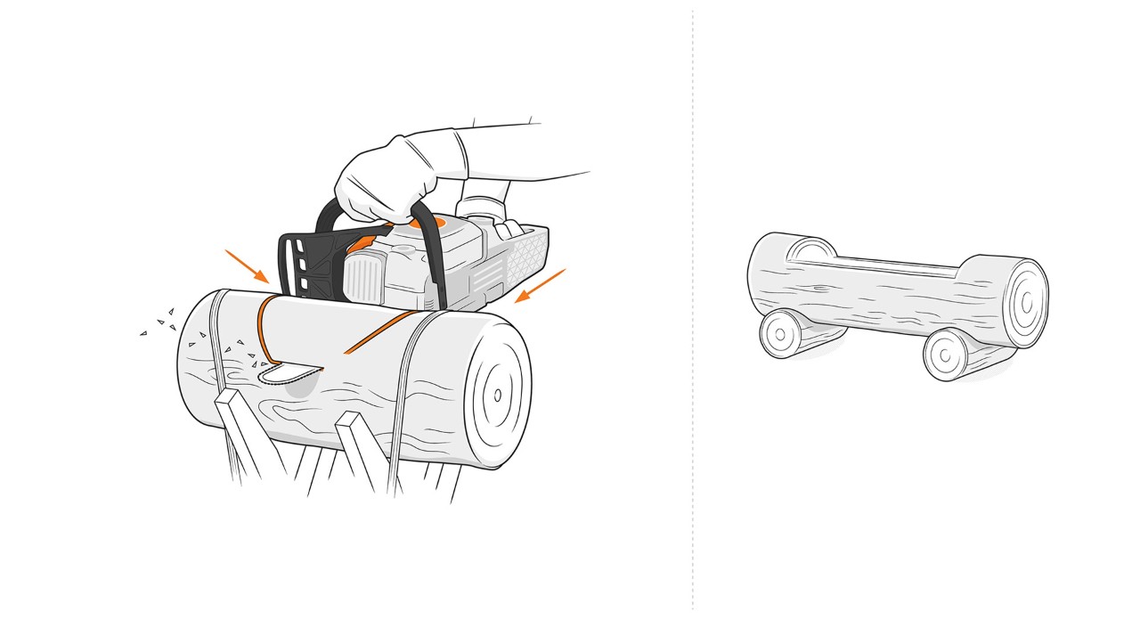 Illustration: Für den Fuß eines Pflanztroges wird Holzstamm auf einem Sägeblock mit STIHL Kettensäge v-förmig eingeschnitten