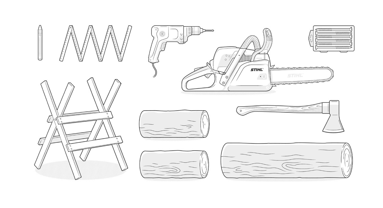 Material-Illustration: STIHL Motorsäge, Holzstämme, Beil, Sägeblock, Zollstock, Schrauben, Bohrschrauber