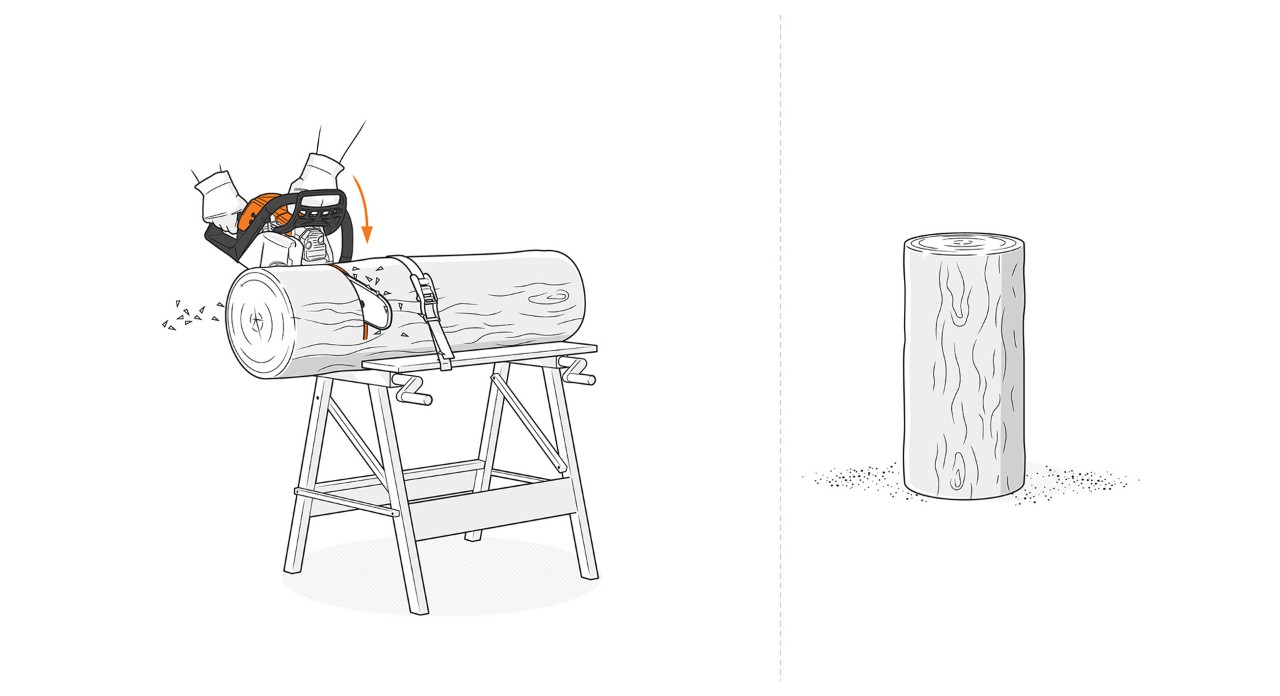  Illustration: Der fixierte Stamm wird mit einer STIHL Motorsäge abgelängt