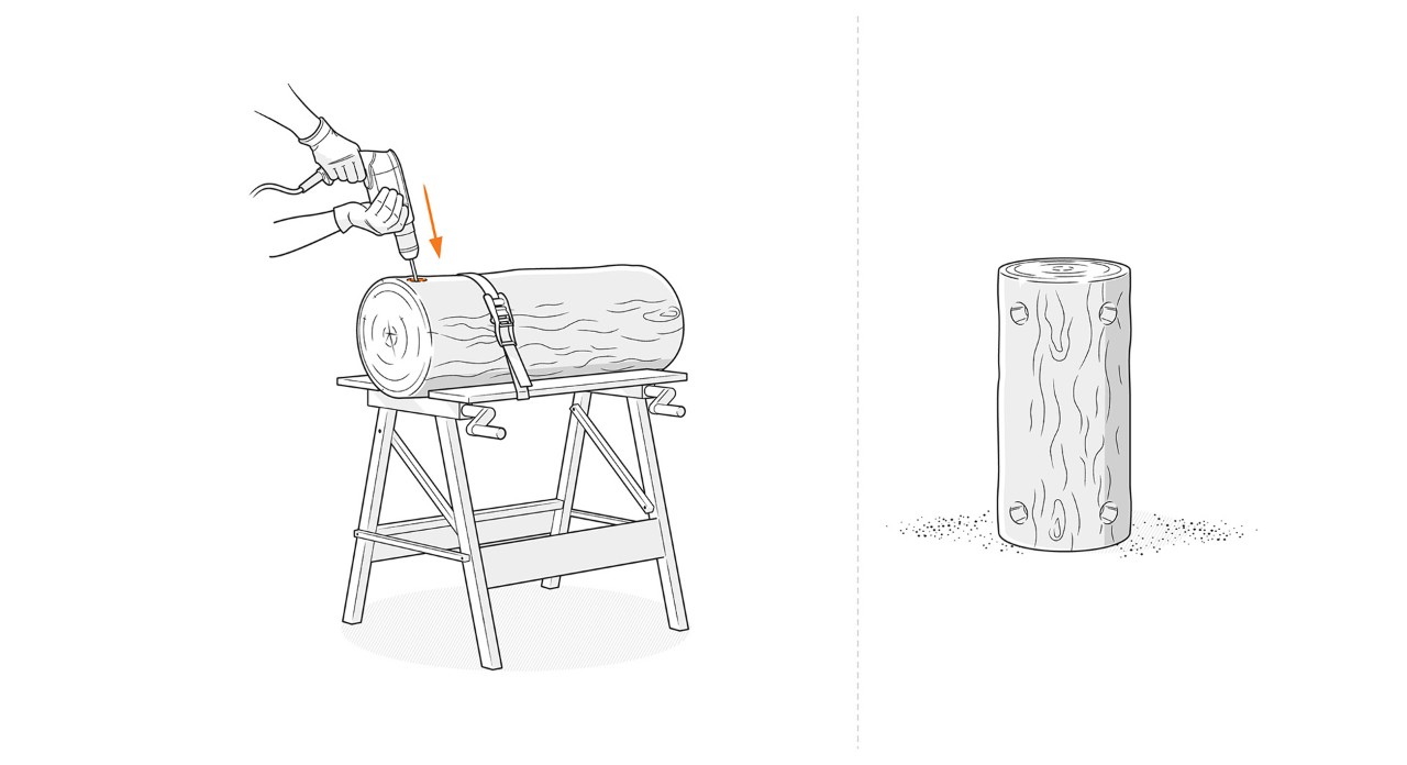 Illustration: Mit dem Bohrer werden Löcher für die Beine und den Hals vom Rentier gebohrt