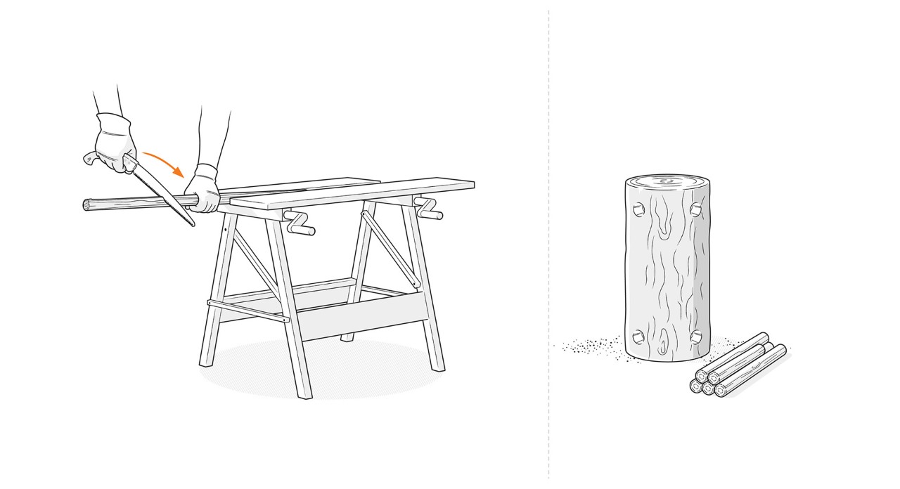 Illustration: Mit einer Astsäge werden Äste für Beine und Hals abgelängt