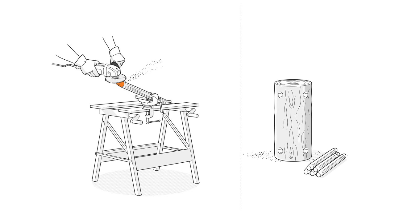 Illustration: In einem Schraubstock werden die Enden der Äste mit einem Winkelschleifer zugespitzt 