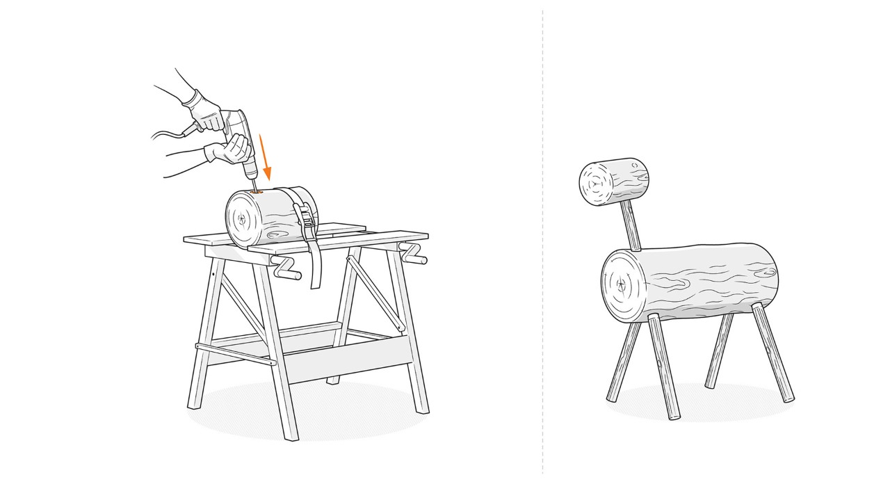  Illustration: In das fixierte Stammstück werden Löcher für Hals und Geweih gebohrt