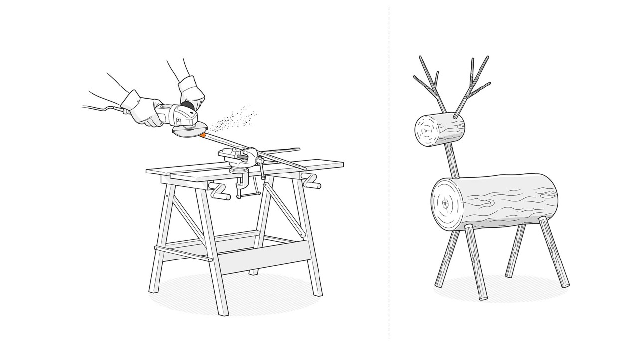 Illustration: Die Äste für das Rentier-Geweih werden vorbereitet und am Kopf montiert