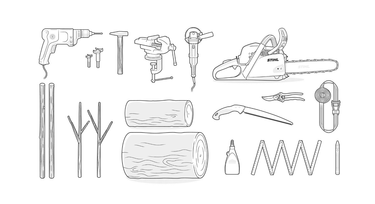 Illustration: Ausrüstung, um ein Rentier zu bauen, u.a. STIHL Kettensäge, Stammstücke, Bohrmaschine, Zollstock, Holzleim