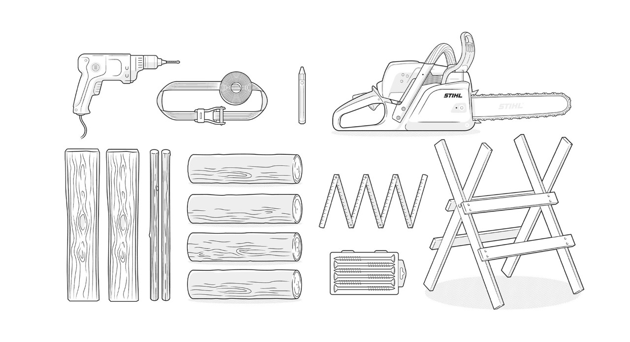 Illustration: Holz, STIHL Kettensäge, Bohrmaschine, Sägebock, Zollstock, Spanngurt, Signierkreide