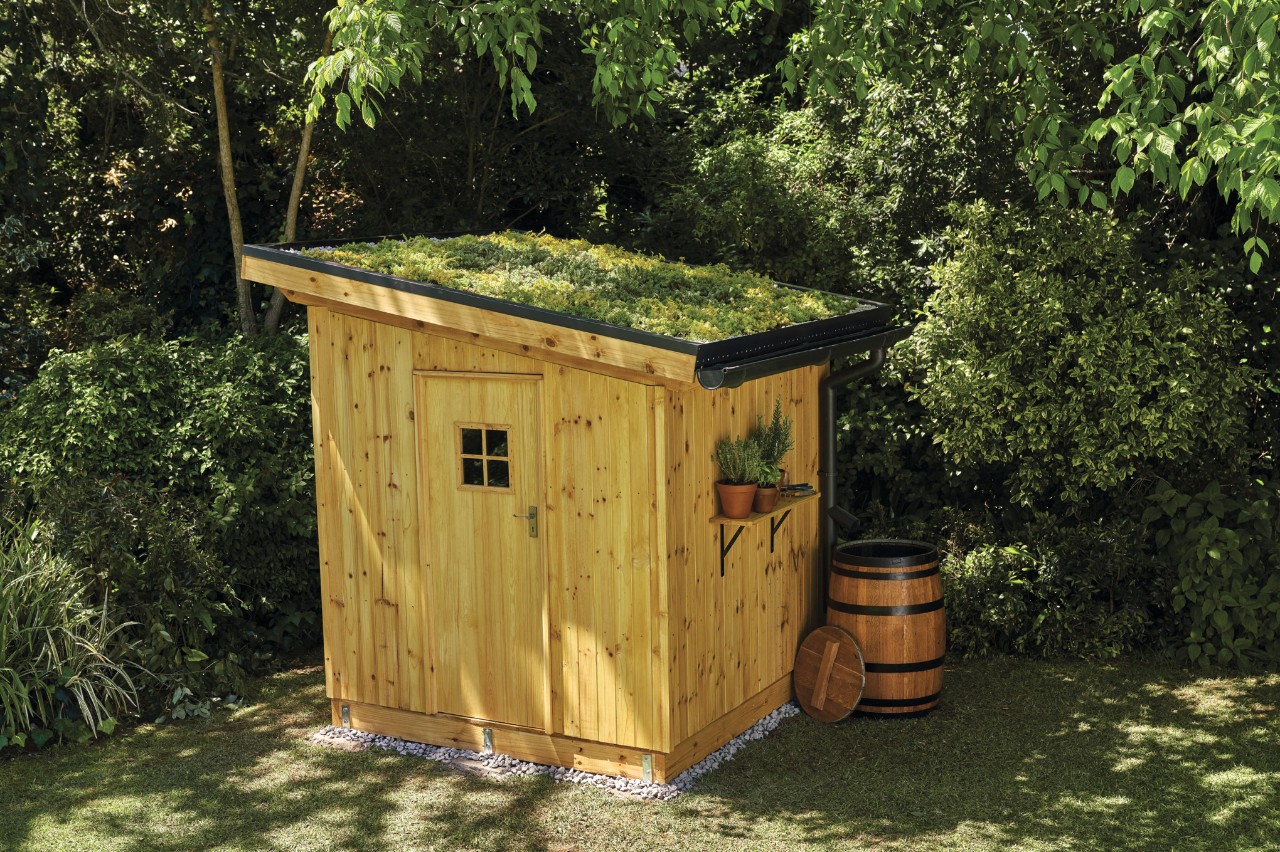 Fertiggestellter Geräteschuppen zum Selberbauen mit Dachbegrünung im Garten