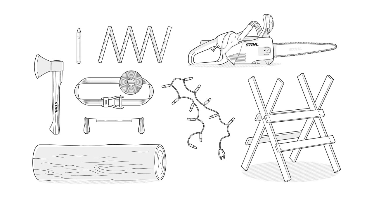 Material-Illustration: Stammstück, STIHL Kettensäge, Zollstock, Lichterkette, STIHL Beil , Spanngurt, Sägeblock