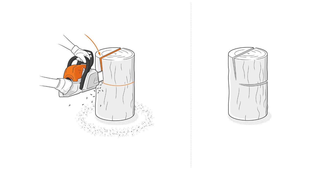 Illustration: Schnitte für Lehne und Sitzfläche von Holzstuhl werden mit STIHL Kettensäge in Stammstück gesägt