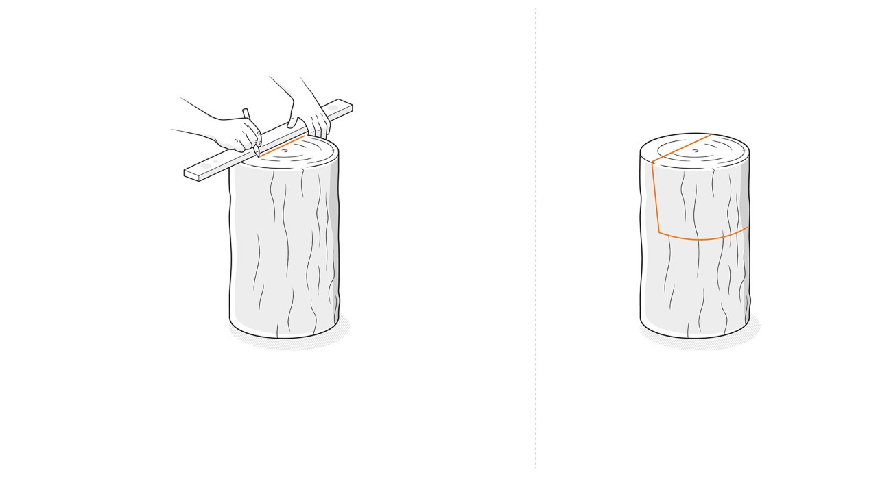 Illustration: Schnitte für Lehne und Sitzfläche vom Holzstuhl werden auf dem Stammstück eingezeichnet