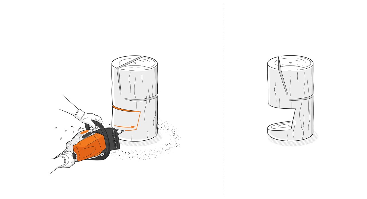 Illustration: Die Sockelaussparung für den Holzstuhl wird mit STIHL Kettensäge ausgesägt