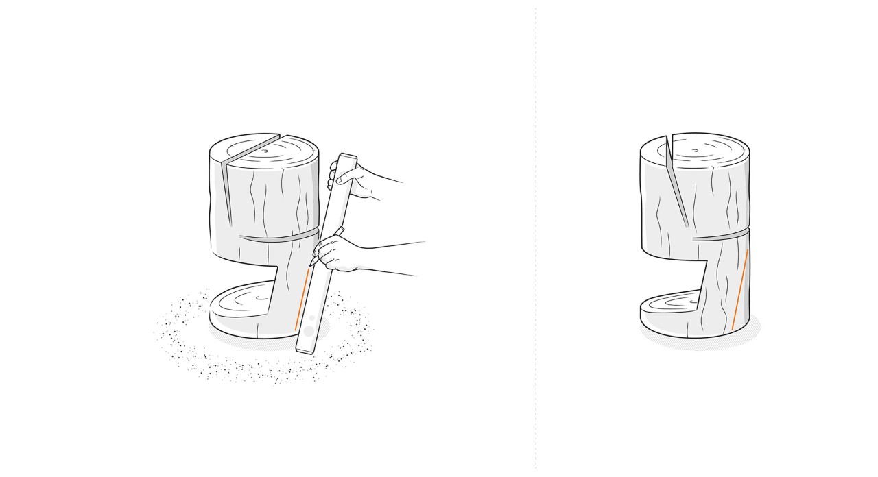 Illustration: Die Sockelvorderseite von Holzstuhl wird auf Stammstück markiert