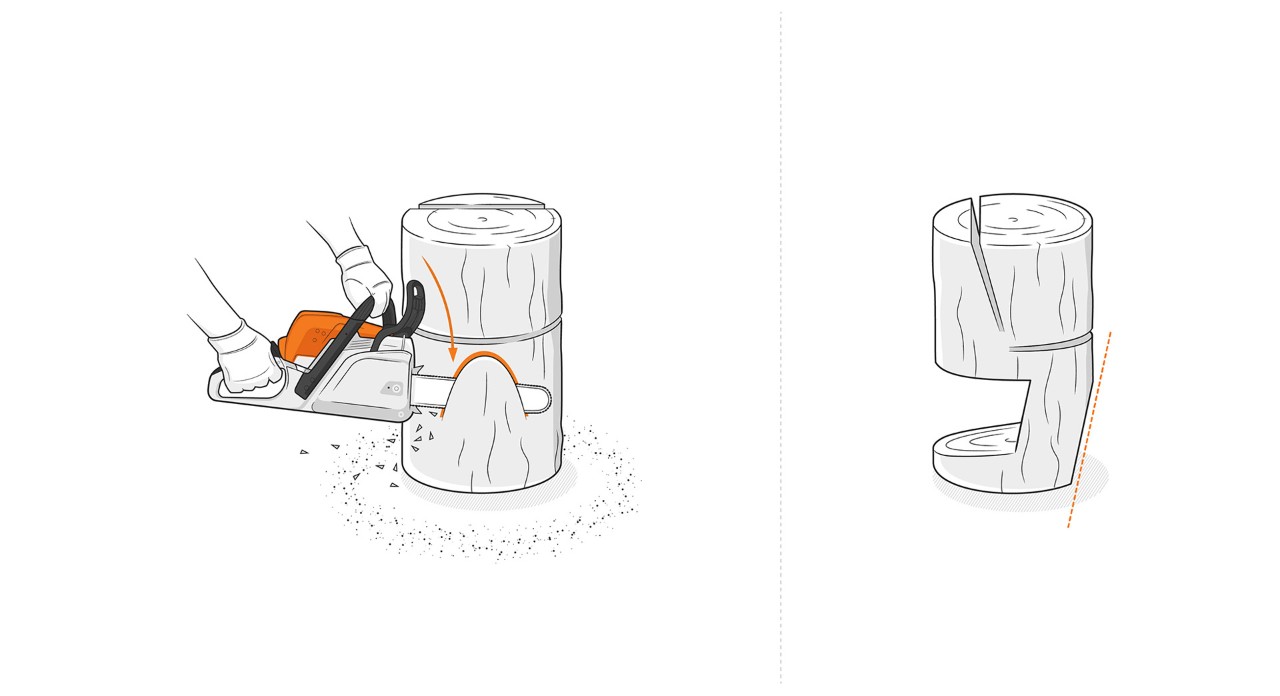Illustration: Die Sockelvorderseite wird mit STIHL Kettensäge abgetrennt