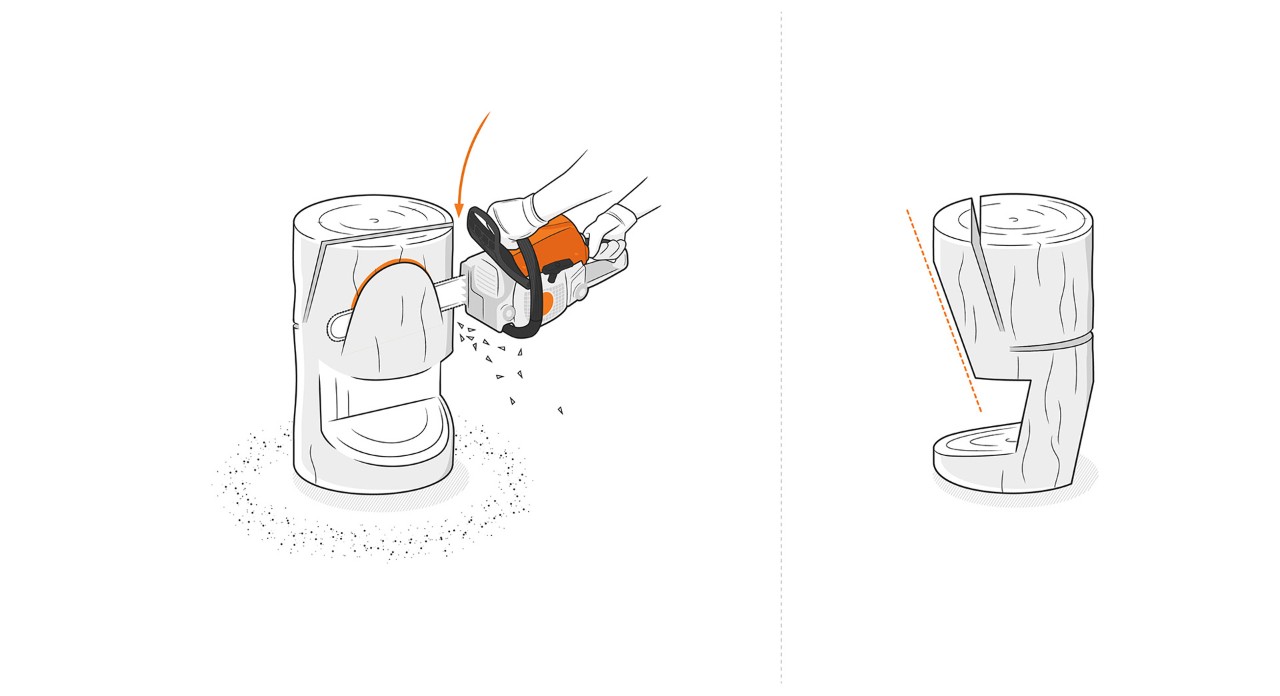 Illustration: Die Lehnenrückseite des Holzstuhls wird mit STIHL Kettensäge gesägt