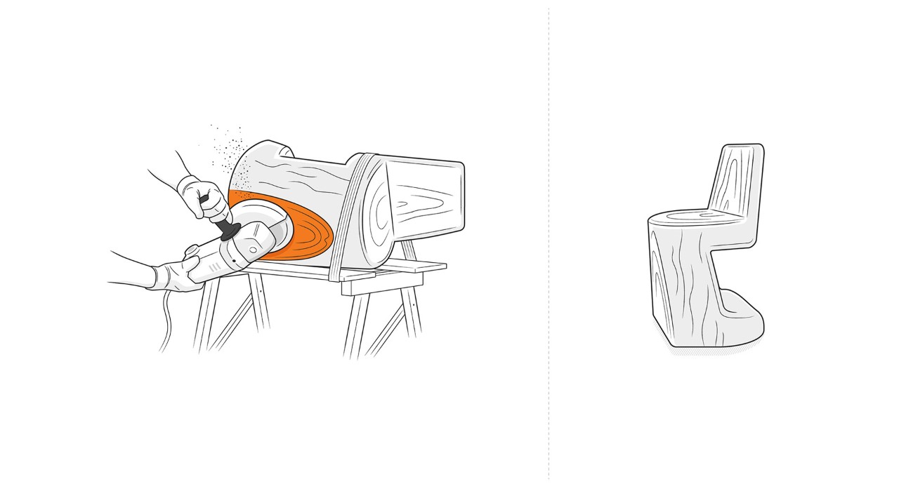 Illustration: Mit einem Schleifgerät wird die Oberfläche abgeschliffen des Holzstuhls abgeschliffen