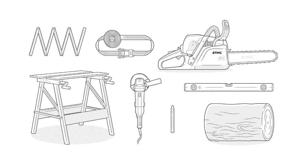 Material-Illustration: STIHL Motorsäge, Stammtück, Sägeblock, Zollstock, Winkelschleifer, Spanngurt, Wasserwaage