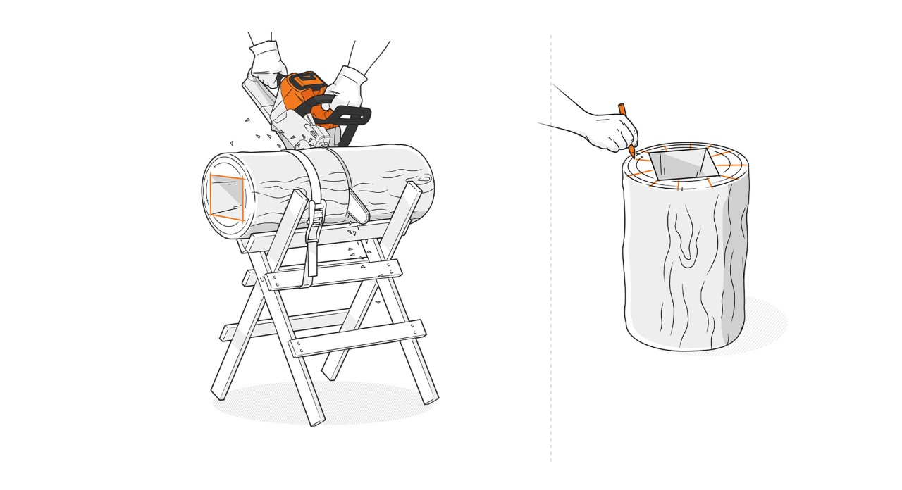 Stammstück wird mit einer STIHL Kettensäge auf die gewünschte Länge gekürzt