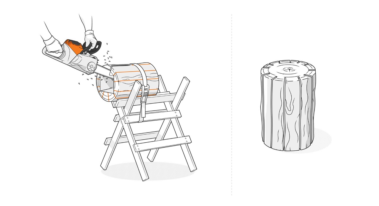Mit einer STIHL Kettensäge werden Lichtschlitze in die Lampe gesägt