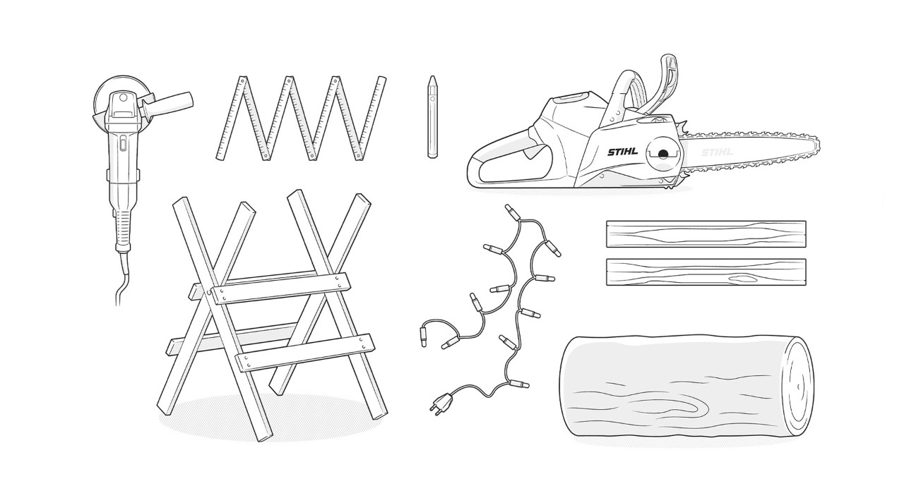 Illustration des benötigten Materials: Stammstück, STIHL Kettensäge, Zollstock, Winkelschleifer, Bleistift, Lichterkette