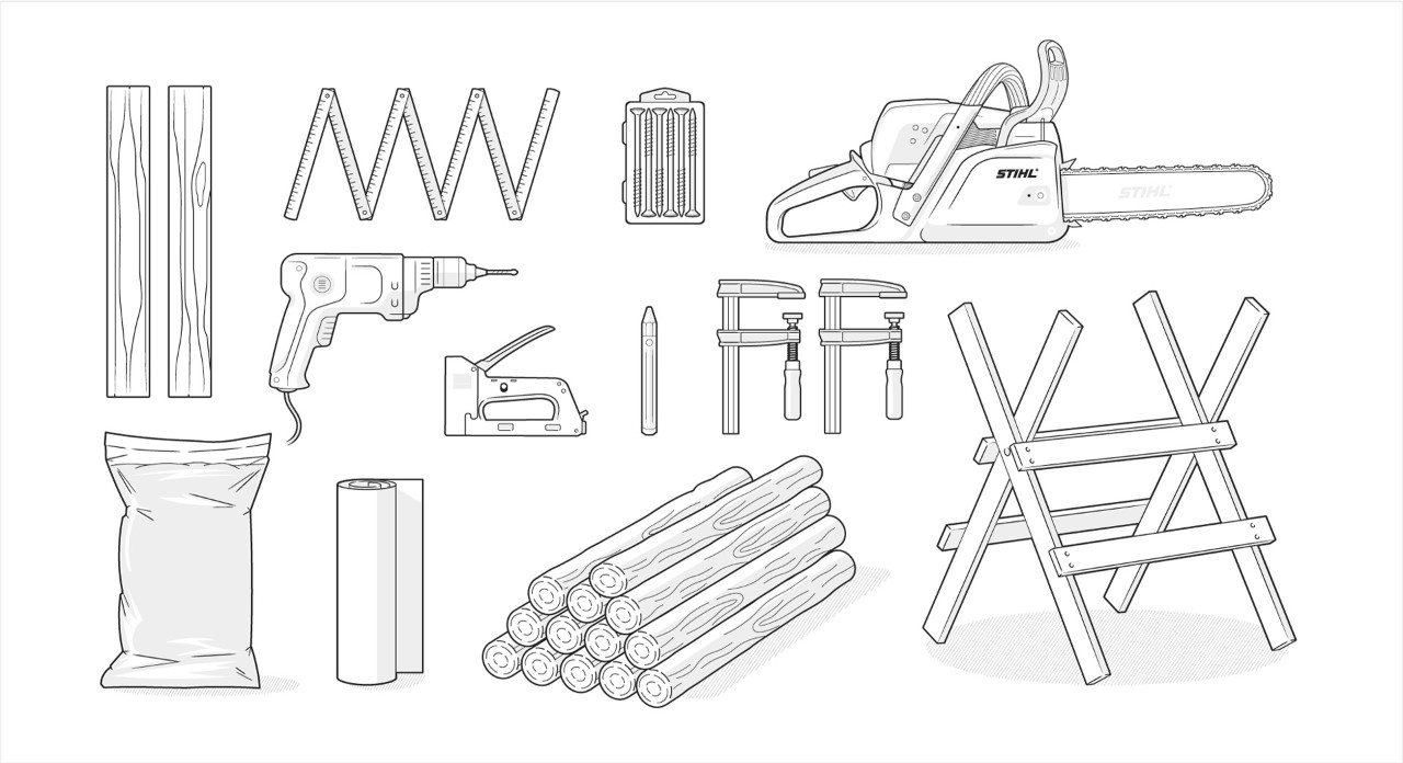 Material-Illustration: Holzpalisaden, Motorsäge, Spielsand, Akkubohrschrauber, Vlies, Zollstock, Sägeblock, Schraubzwingen