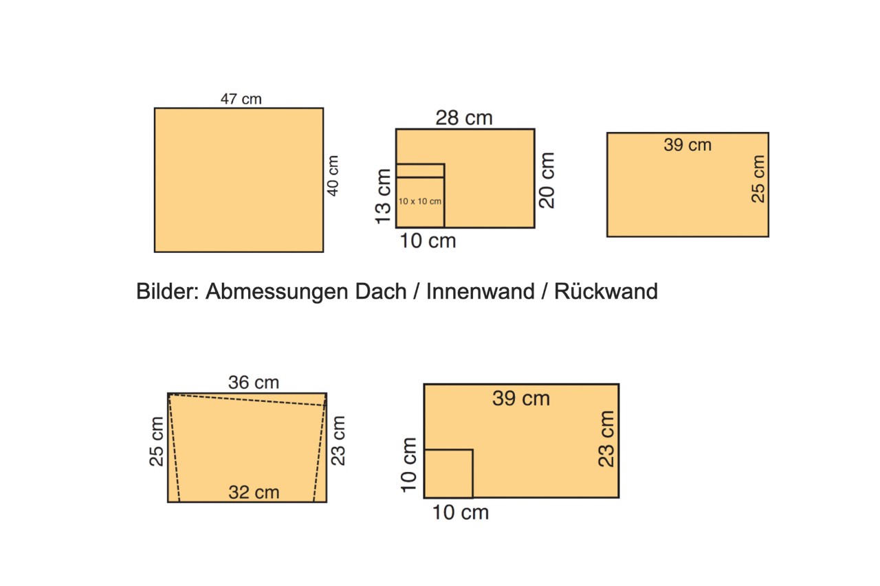 Skizze der richtigen Abmessungen für die Holzplatten, die man benötigt, um ein Igelhaus selber zu bauen