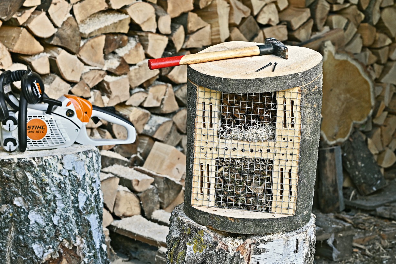 Hammer auf einem fertiggestellten Insektenhotel zum Selberbauen, daneben eine STIHL Benzin-Motorsäge MS 151 C