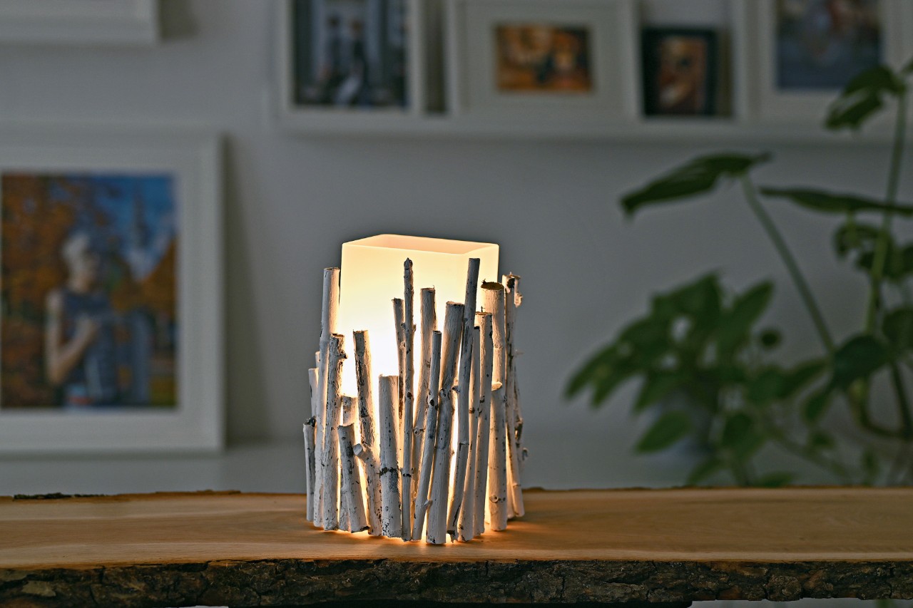 Leuchtende Lampe aus Ästen steht auf einem Holztisch in einem Wohnzimmer