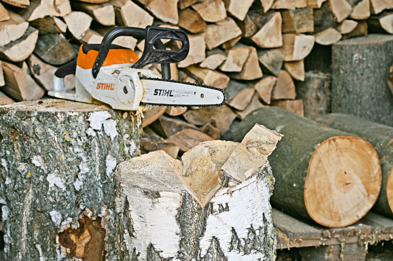Ein Baumabschnitt ist mit einer Kerbe versehen, dahinter steht eine STIHL Akku-Kettensäge MSA 140 C